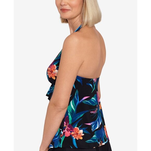 Swim Solutions Womens Floral Halter Tankini Top Bust Support Black Blue 12 - Picture 3 of 7